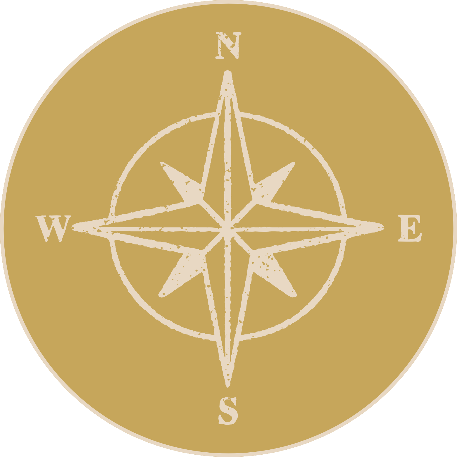 A circular emblem with a golden background featuring a white compass rose with the four cardinal directions (N, E, S, W) labeled.