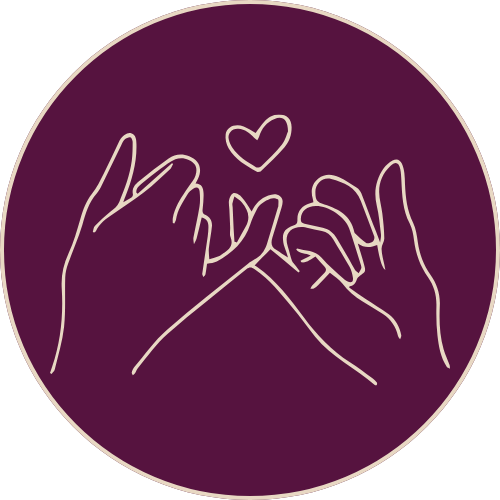 Line drawing of two hands making a heart shape with a small heart above them, set against a dark purple circular background.