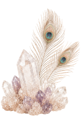A cluster of clear quartz crystals with a few peacock feathers featuring eye-like patterns.
