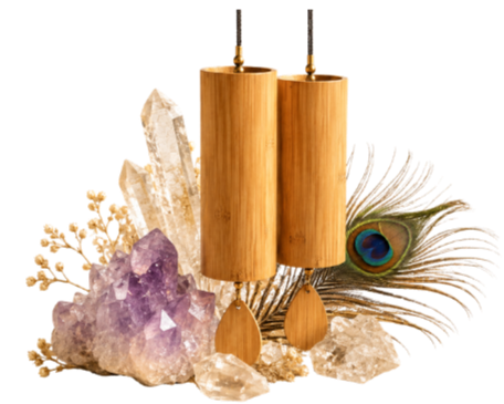 Decorative display with wooden salt and pepper shakers, various Clear Quartz and amethyst crystals, and a peacock feather.