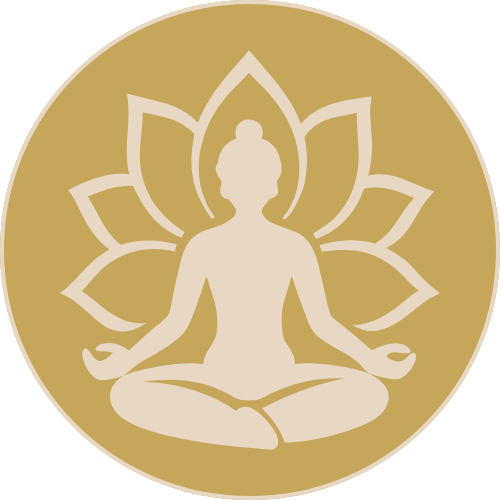 Silhouette of a person in a seated meditation pose with a lotus flower background and a gold circular border.