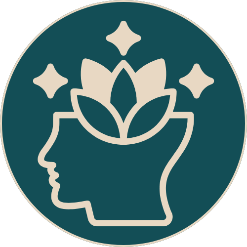 Silhouette of a human head with a lotus flower inside and three stars around it, on a teal background.
