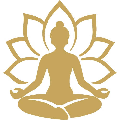 A gold silhouette of a person meditating in a seated position with legs crossed and hands resting on knees, set against a black background with a lotus flower outline behind them.