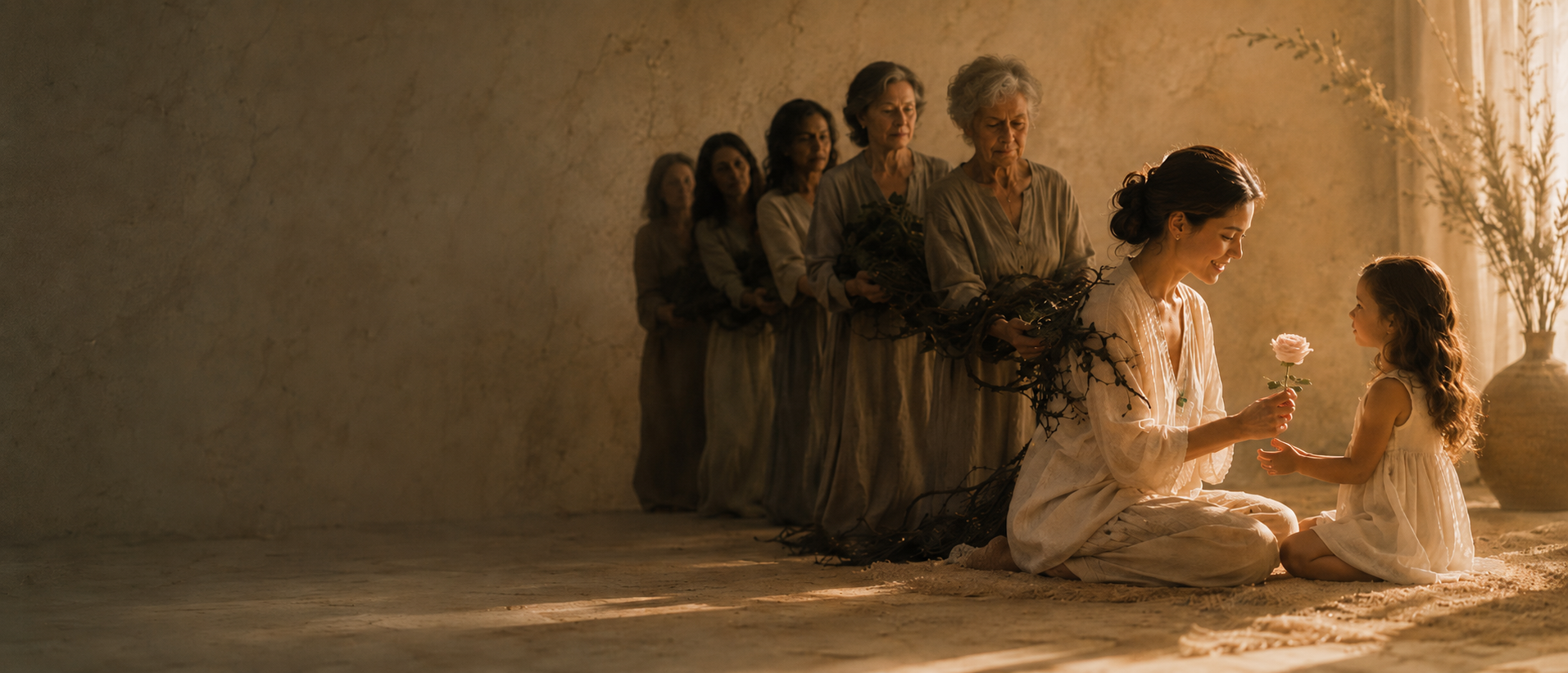 A woman offering a pink flower to a young girl during a wedding ceremony, with five women holding flowers standing in line behind them in a softly lit room.