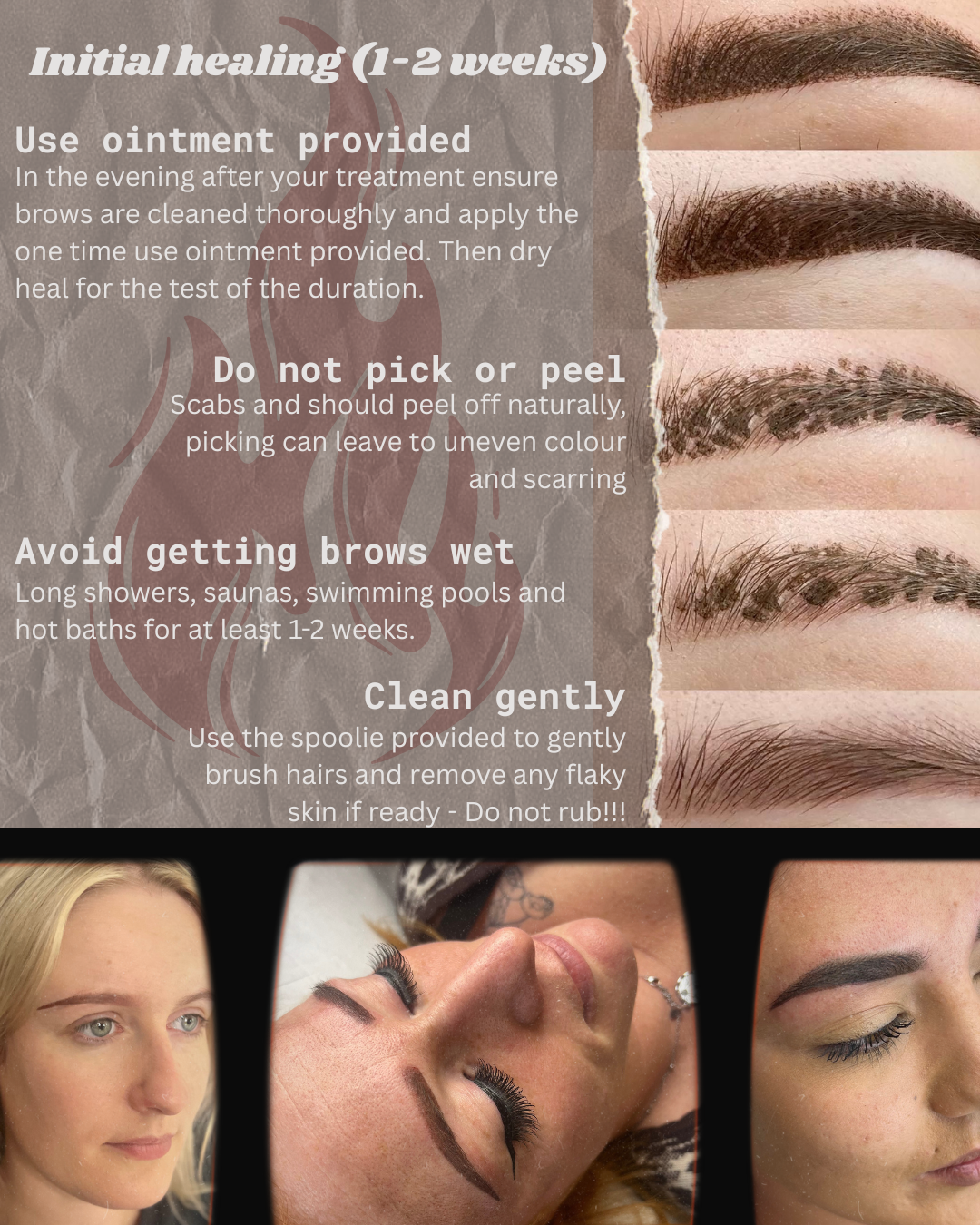 Guidelines for initial healing of eyebrows after treatment, showing four close-up images of different eyebrow styles, with instructions on ointment use, not picking or peeling scabs, avoiding getting eyebrows wet, and cleaning gently.