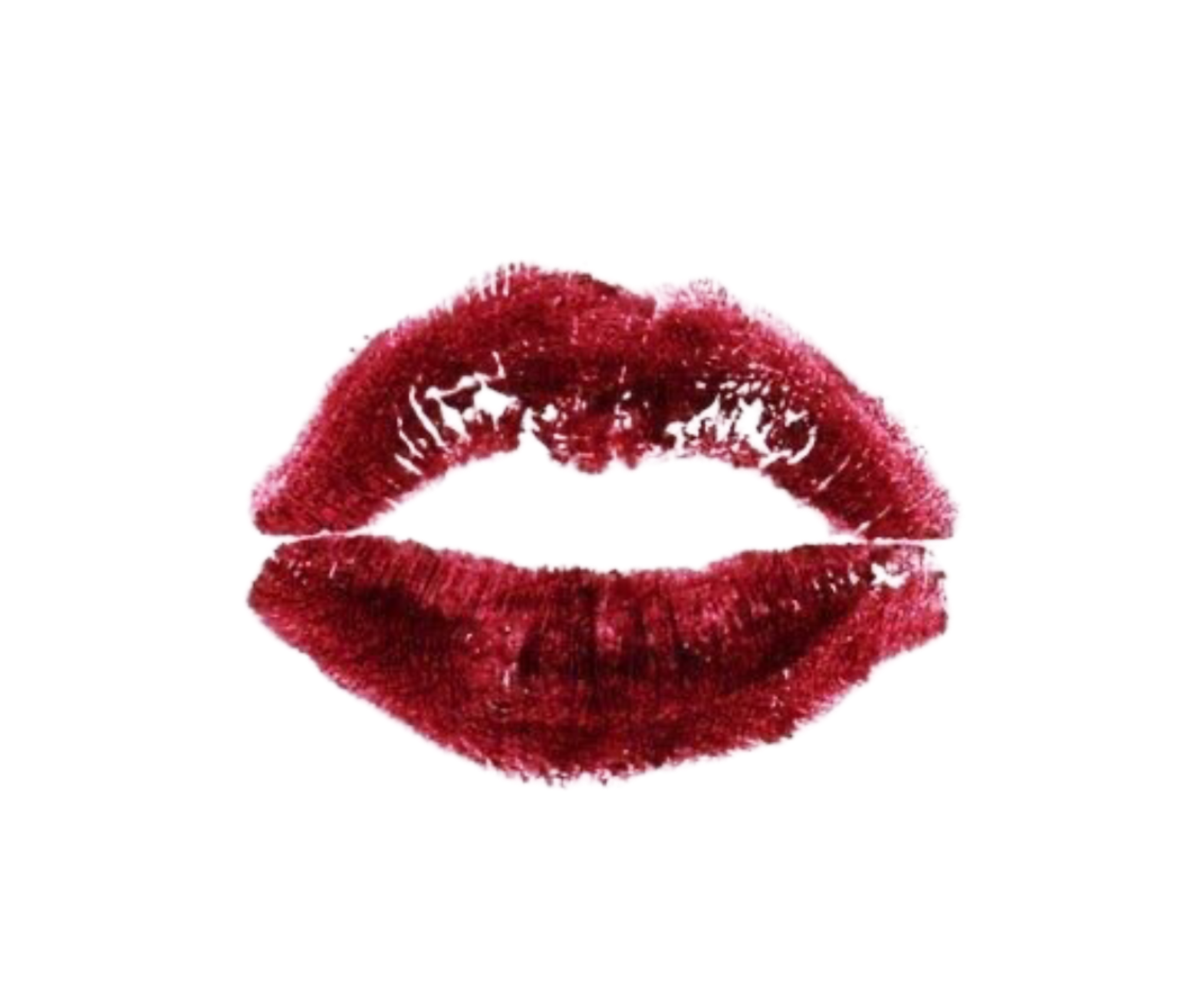 Close-up of red lipstick kiss mark on white background.