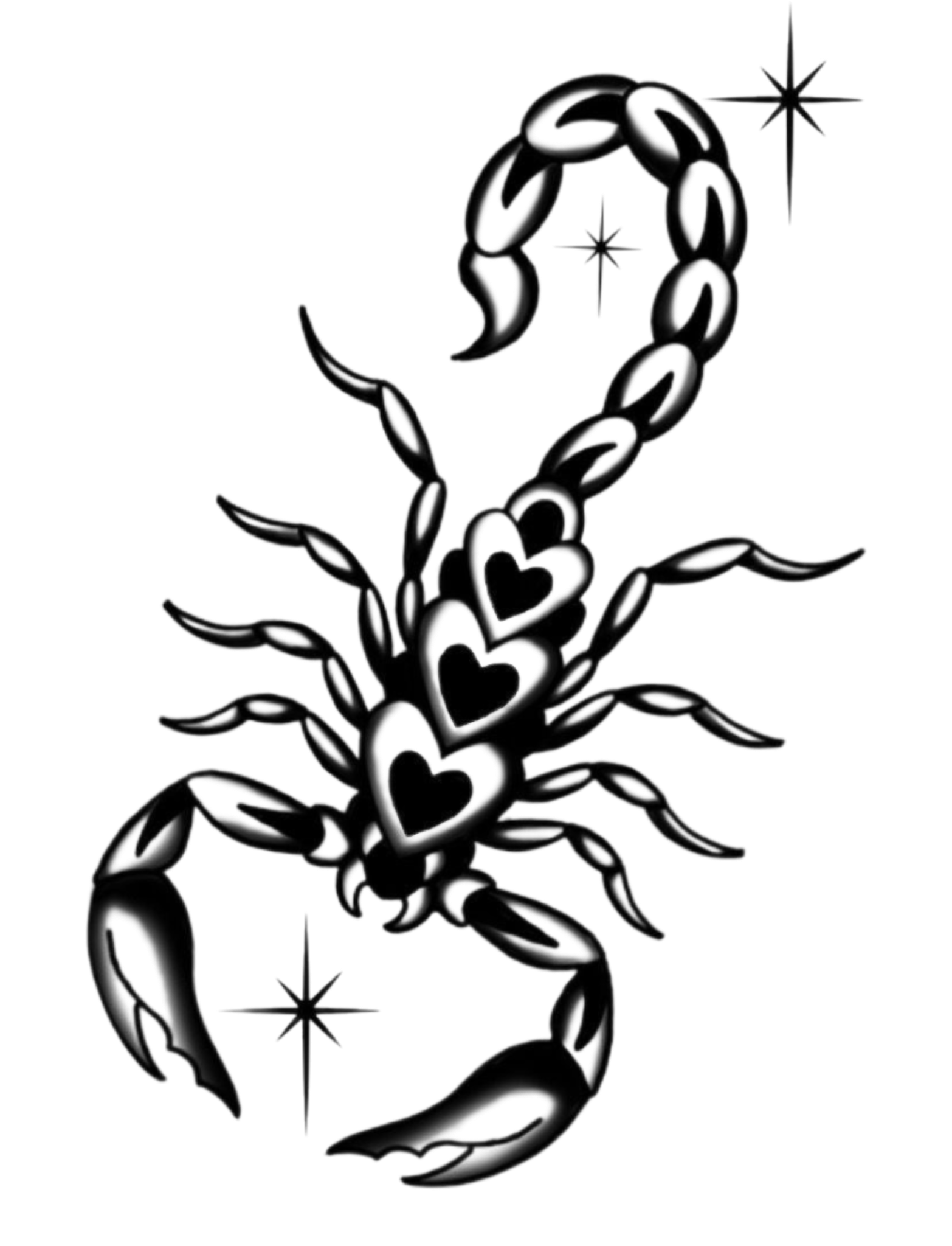 Black and white tattoo-style image of a scorpion with stars and decorative elements.