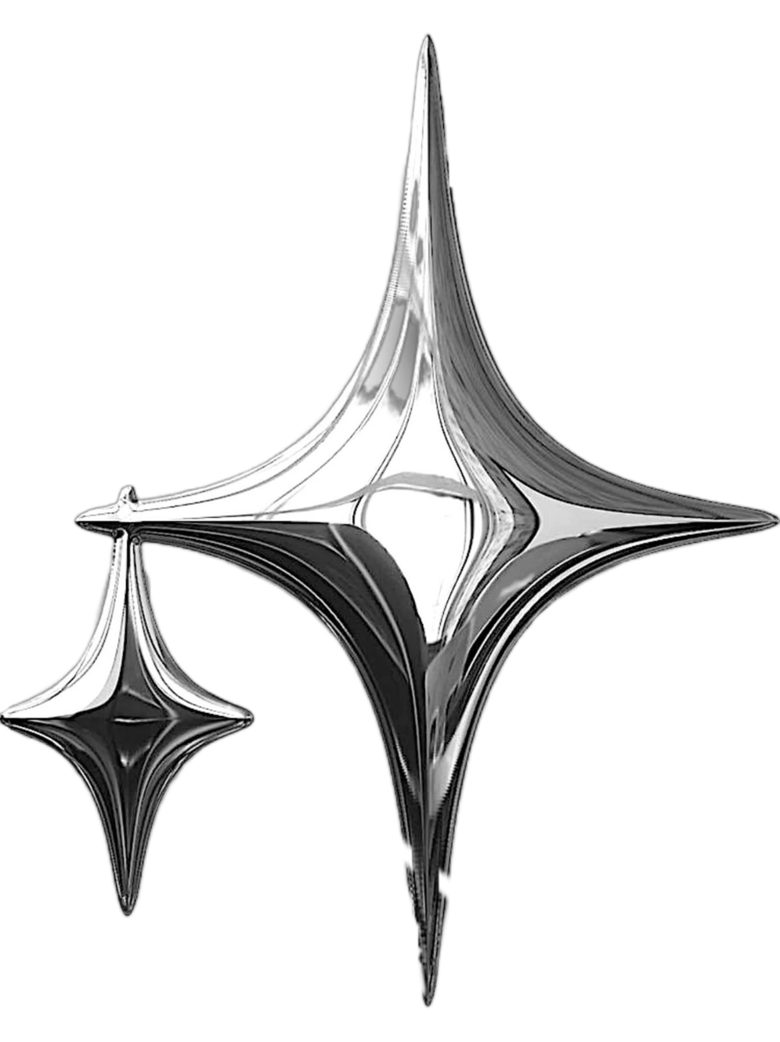 Three silver star-shaped balloons with reflective surfaces floating against a black background.