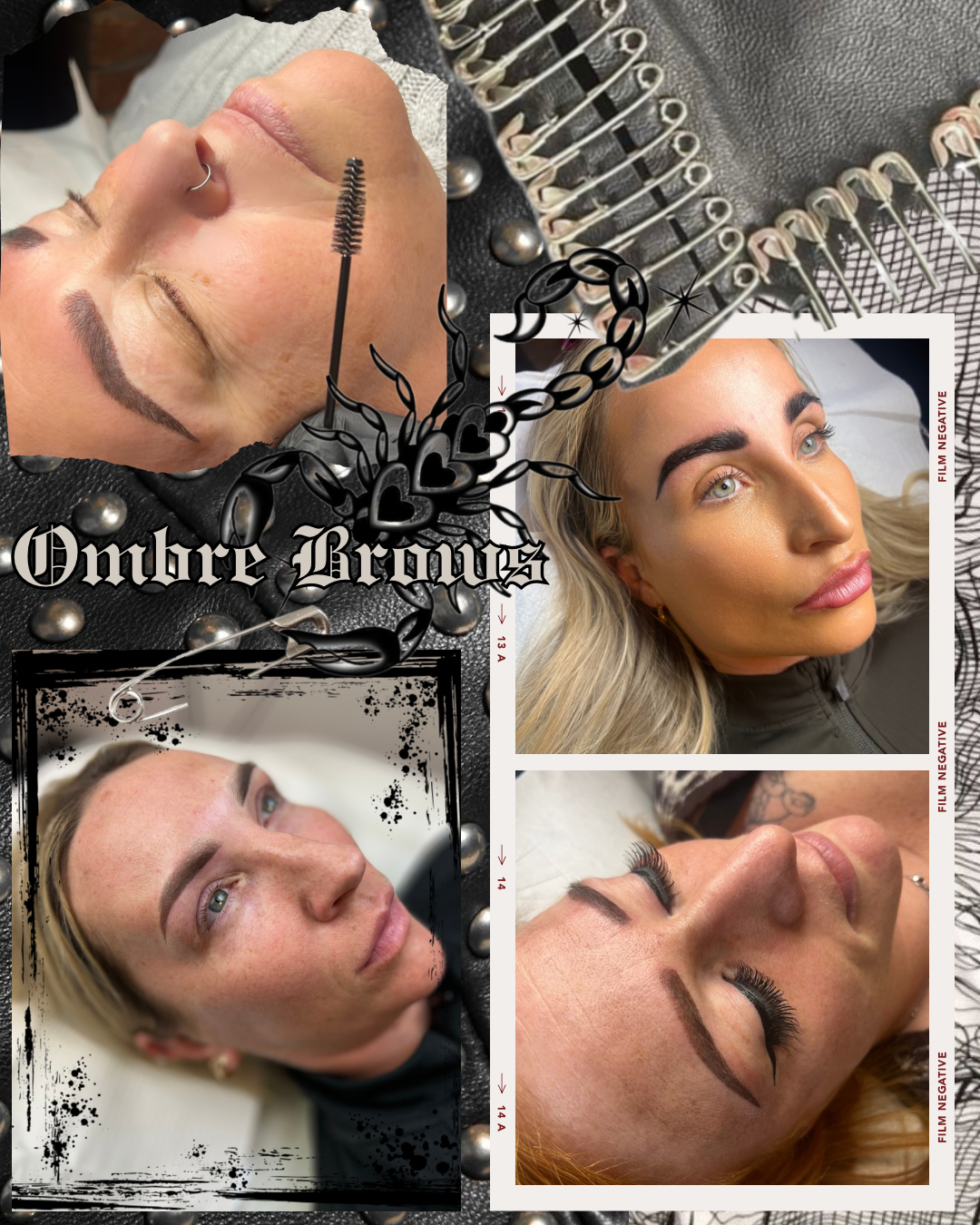 Collage of photos showing before and after eyelash and eyebrow enhancement procedures, with tools and materials used in the process displayed. Ombre brows, cosmetic tattooist, permanent make up