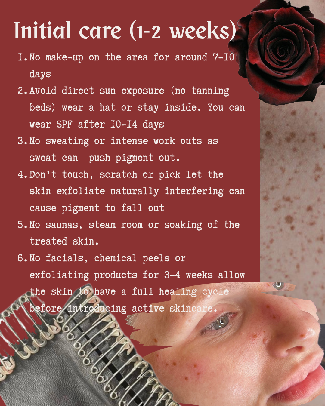 A skincare guide for initial care in 1-2 weeks, featuring instructions against makeup, sun exposure, sweating, skin exfoliation, sauna, and chemical peels, alongside visuals of a woman's face with red skin, a red rose, and a sewing or hair clipper.