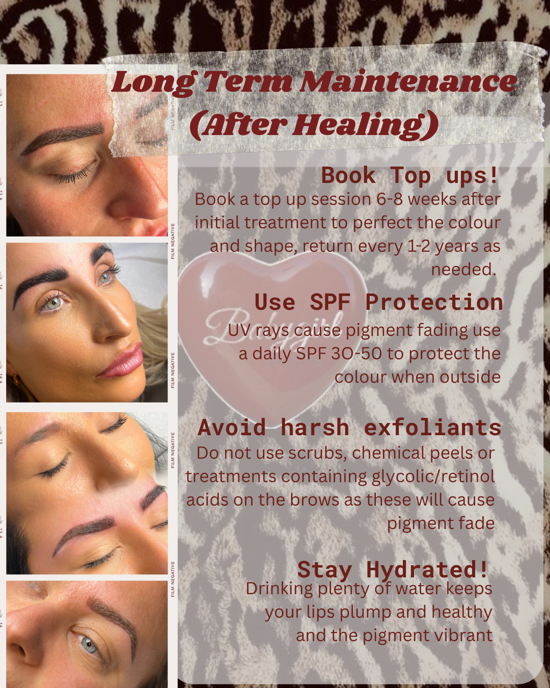 A skincare advice poster with four images of women's faces showing different skin conditions and treatments, overlaid with text about long-term maintenance, SPF protection, avoiding harsh exfoliants, and staying hydrated.