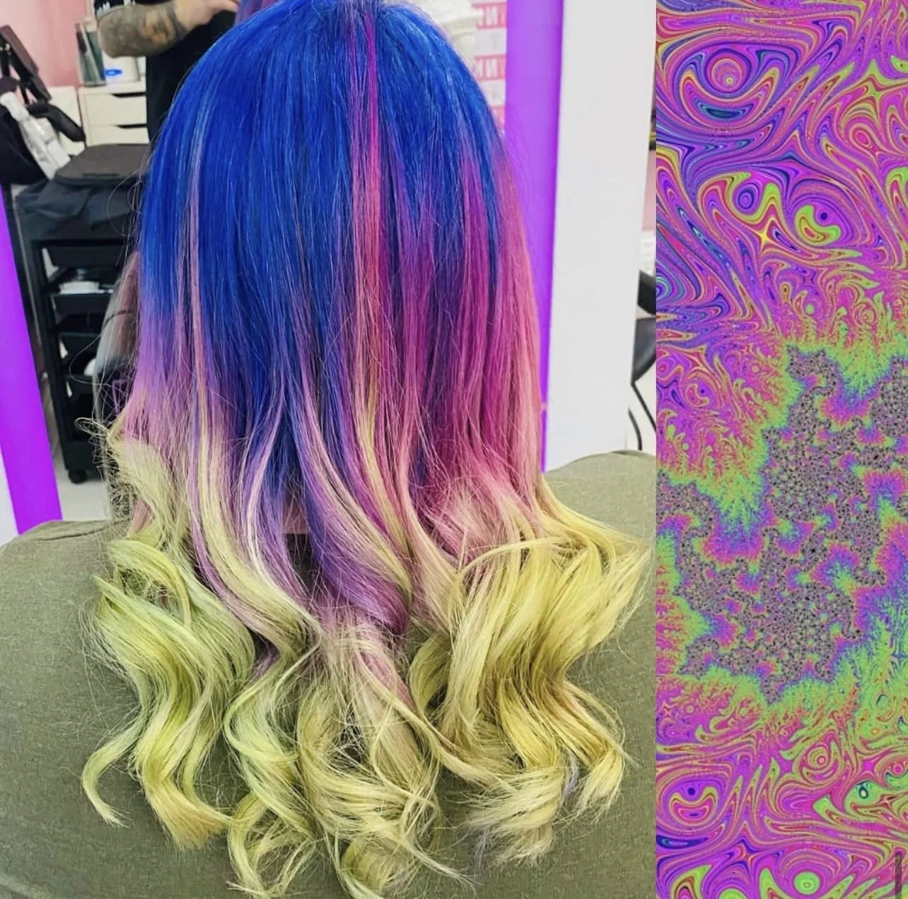 A woman with long, wavy hair dyed in a rainbow gradient from blue at the top, through pink and purple, to yellow at the bottom. Creative colour, colour melt, vivids, colourful hair, newark, nottingham