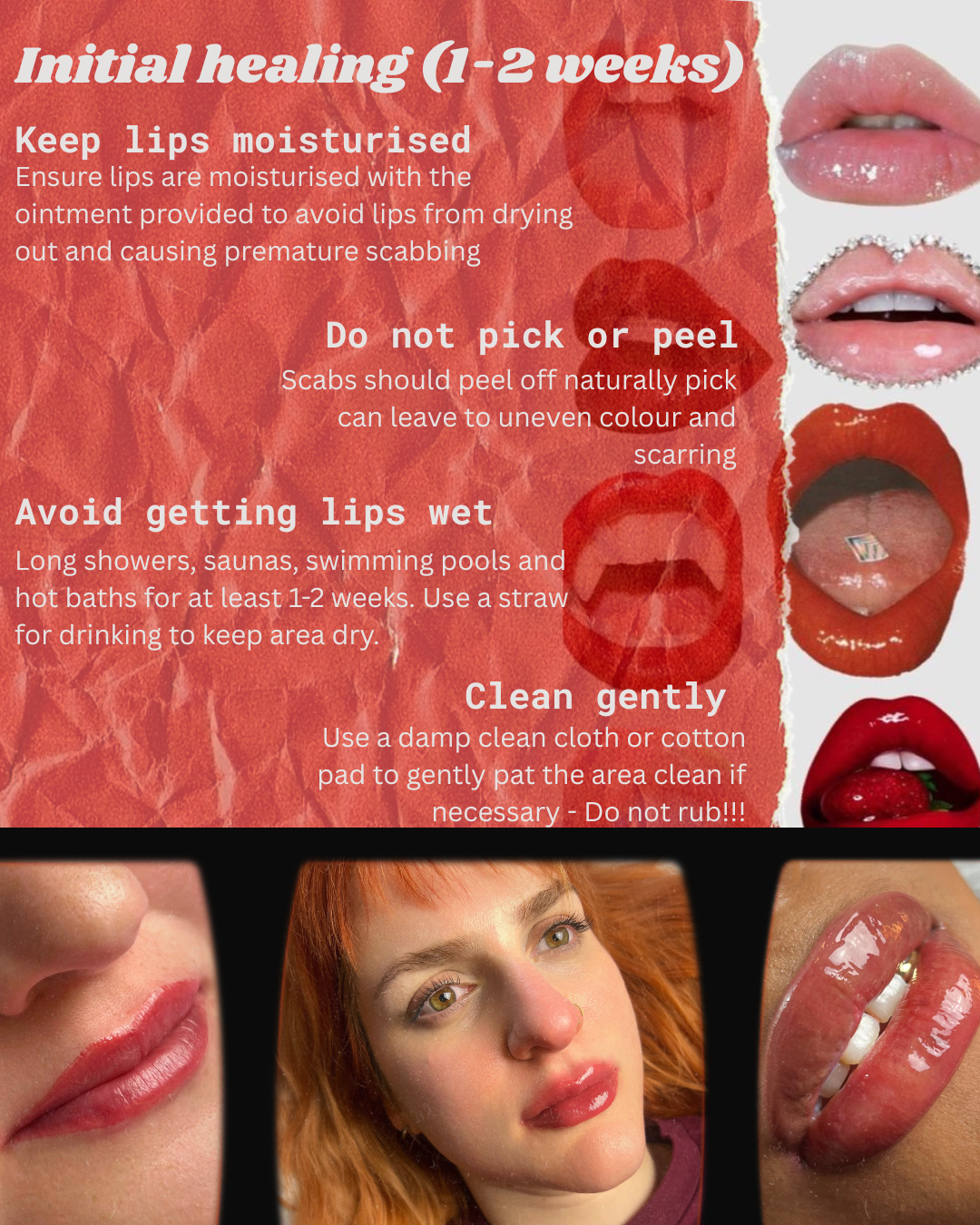 A cosmetic guide for initial healing of lips during 1-2 weeks, including tips to keep lips moisturized, avoid picking or peeling scabs, prevent getting lips wet, and clean gently. The image features close-up photos of lips, a woman with red hair and glossy lips, and other lip images.