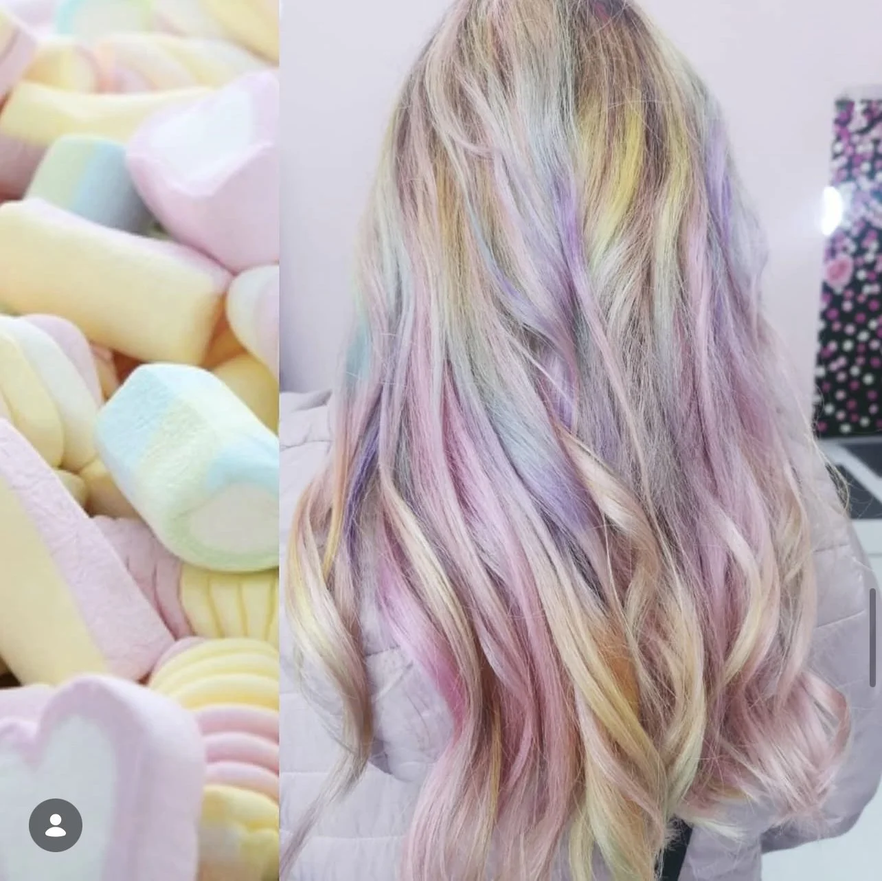 Colorful pastel marshmallows on the left side and long wavy hair dyed with pastel rainbow colors on the right side.