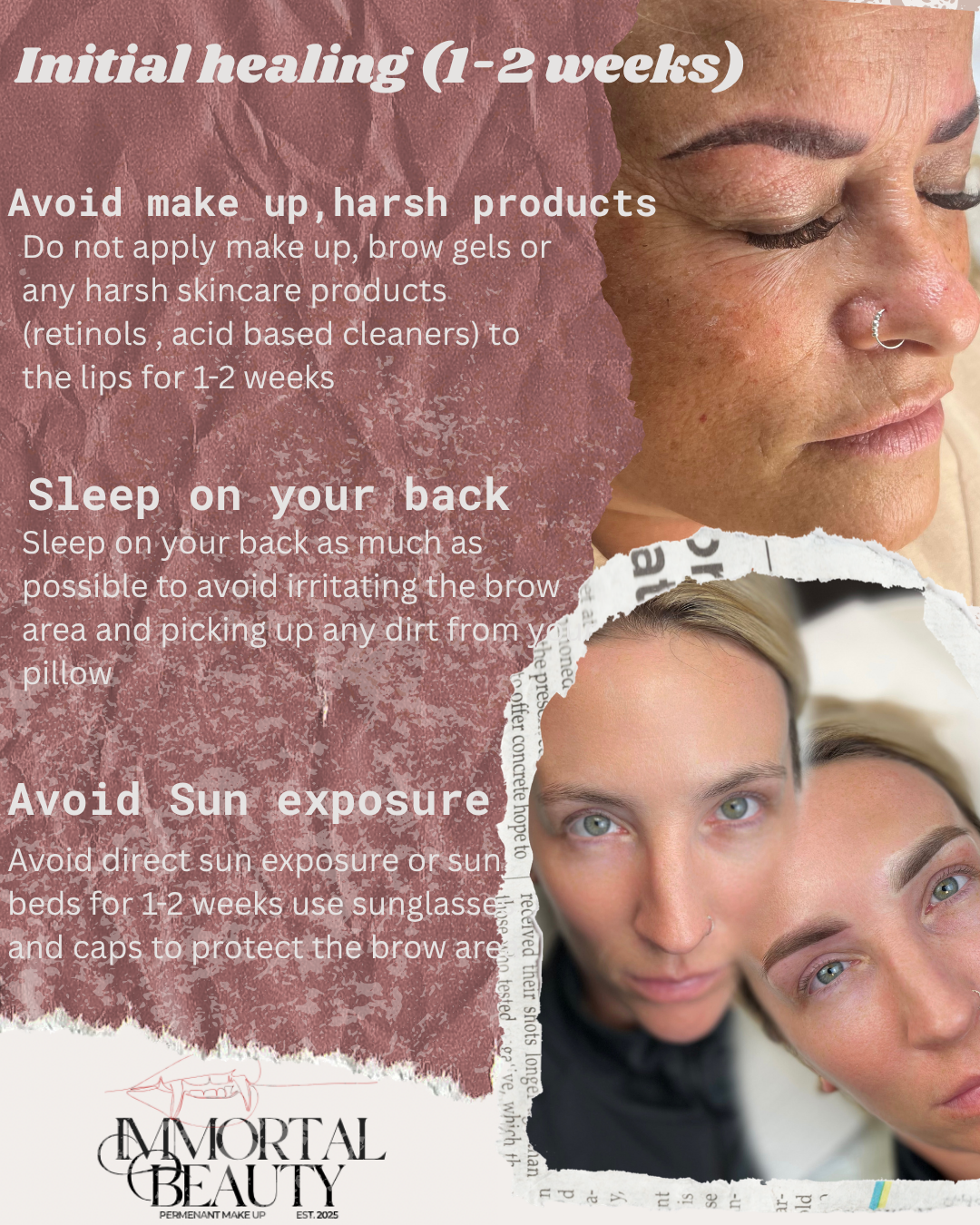 A skincare advice infographic with tips for initial healing of lips and skin over 1-2 weeks, including avoiding makeup and harsh products, sleeping on your back, and avoiding sun exposure, with images of a woman with her eyes closed and a woman with green eyes and blonde hair.