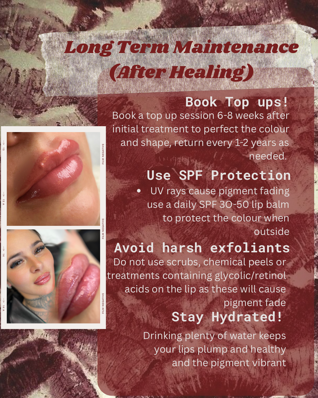 An informational poster with skincare tips after lip healing. It includes tips on booking top-up sessions after 6-8 weeks, using SPF protection daily, avoiding harsh exfoliants, and staying hydrated. The poster also features close-up images of lips, with one showing shiny, healed lips, and another showing a woman with full lips and makeup.
