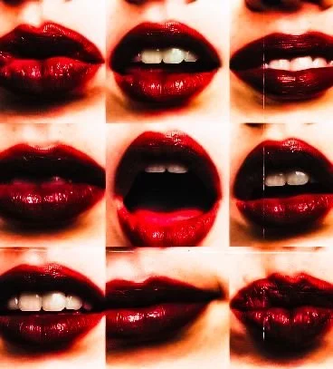 Close-up of various lips with red lipstick in different positions and expressions.