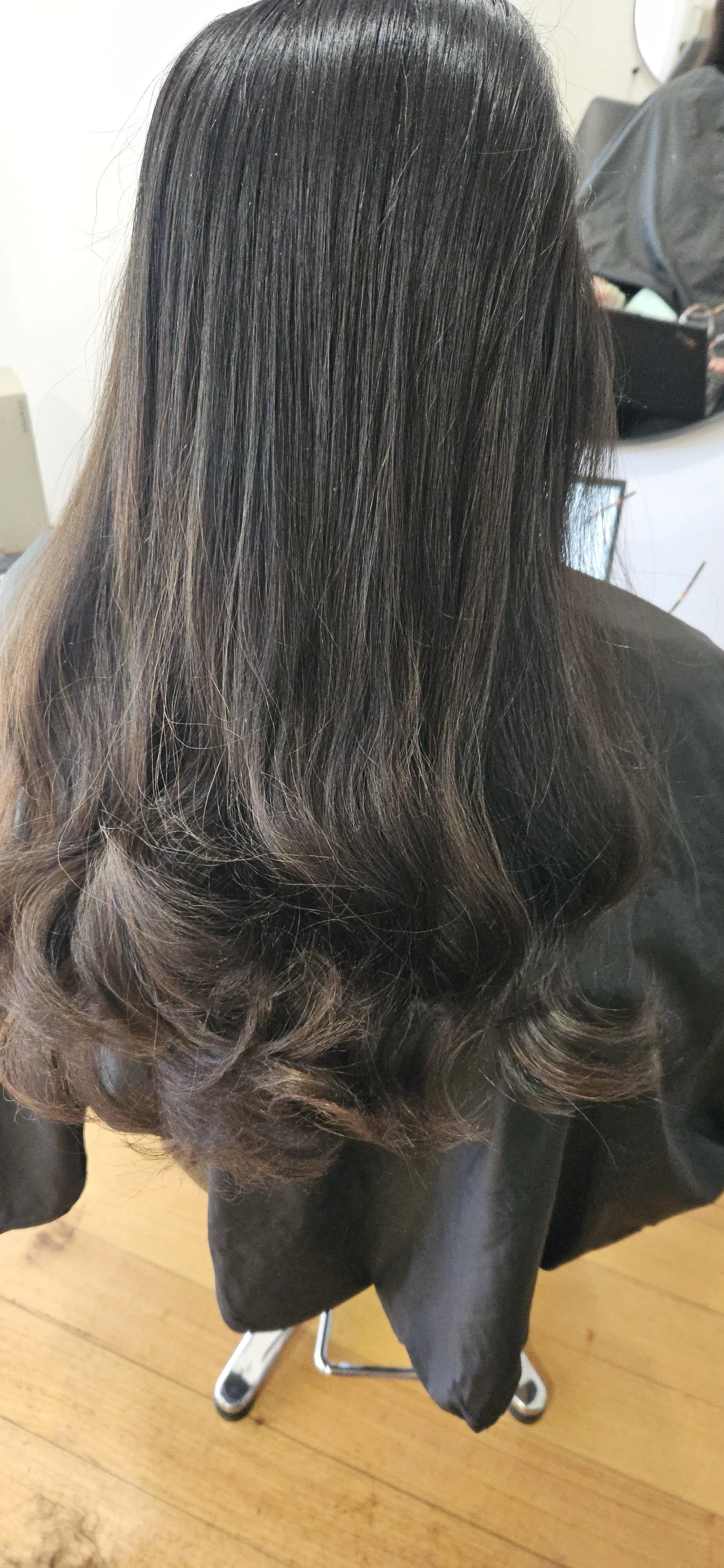 Before photo showing dark hair prior to colour transformation at Jazz Up Your Hair in Eagle Vale Sydney.