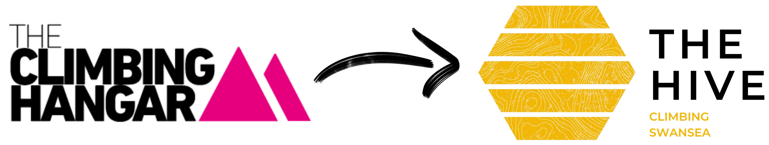 Logo for Climbing Swansea featuring pink two-topped mountain and the Logo for The Hive featuring a yellow hive honeycomb with topographic lines.