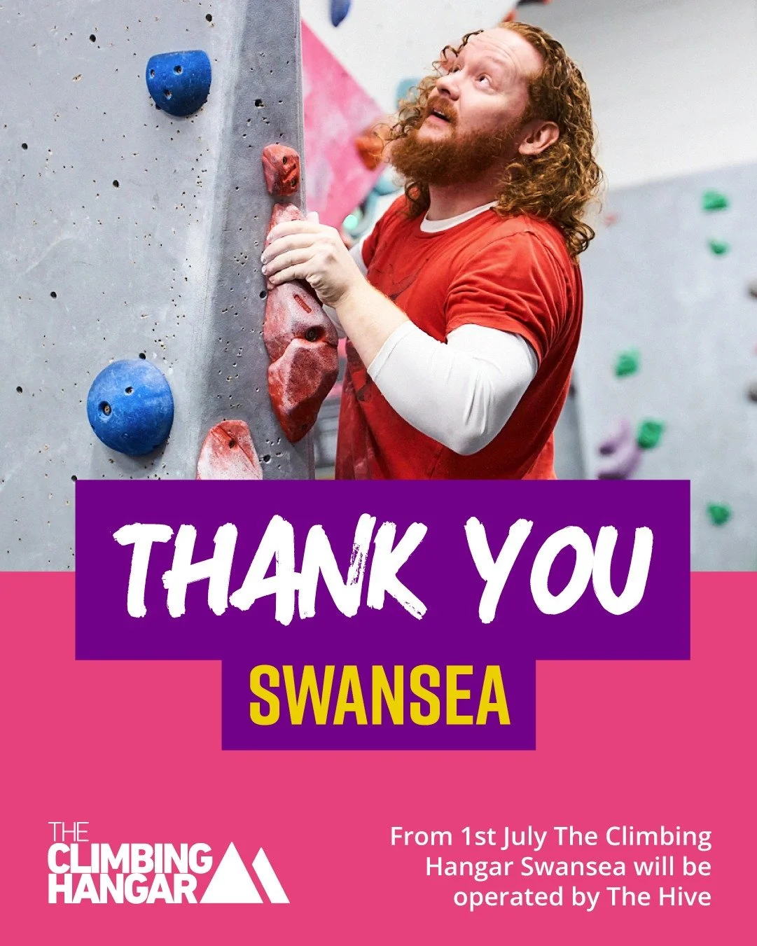 THANK YOU SWANSEA! 🎉
From the 1st of July The Climbing Hangar Swansea will operated by the Hive.
Don't worry it should be seamless, for you as loyal customers nothing will change apart from the branding. You will still be greeted by the wonderful te