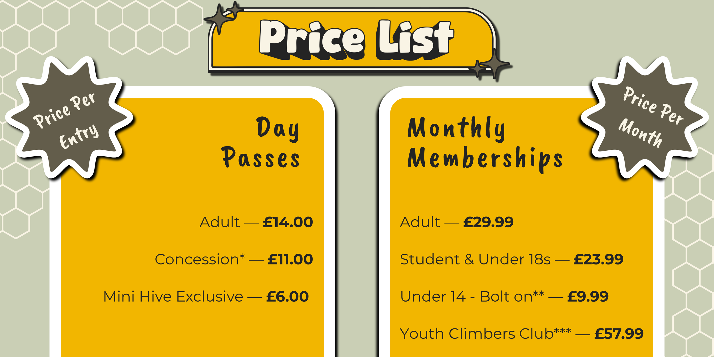 Price list with prices for day passes and monthly memberships displayed on yellow backgrounds, with headings for adult, concession, student, youth, and mini hive exclusive prices.