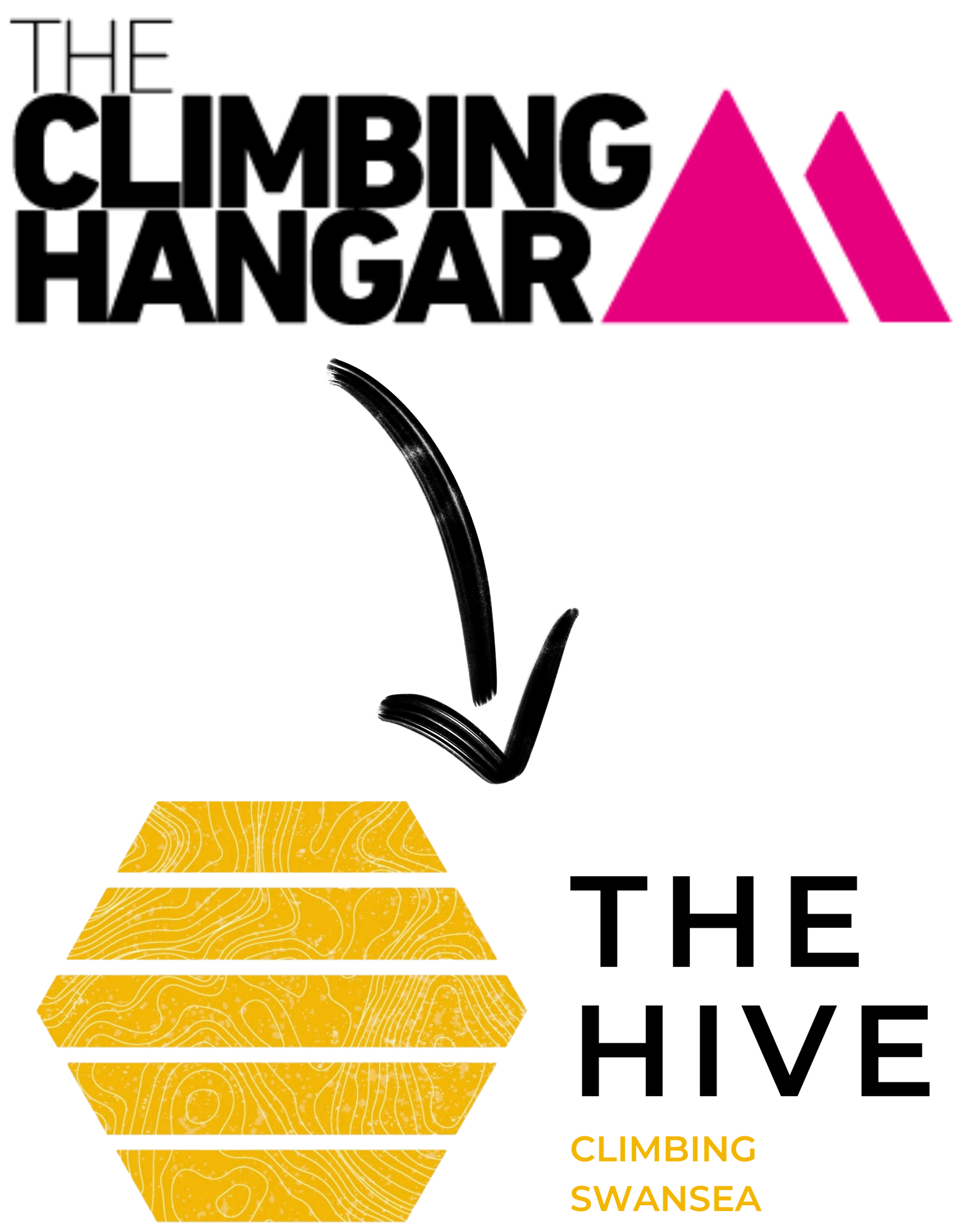 Logo for Climbing Swansea featuring pink two-topped mountain and the Logo for The Hive featuring a yellow hive honeycomb with topographic lines.