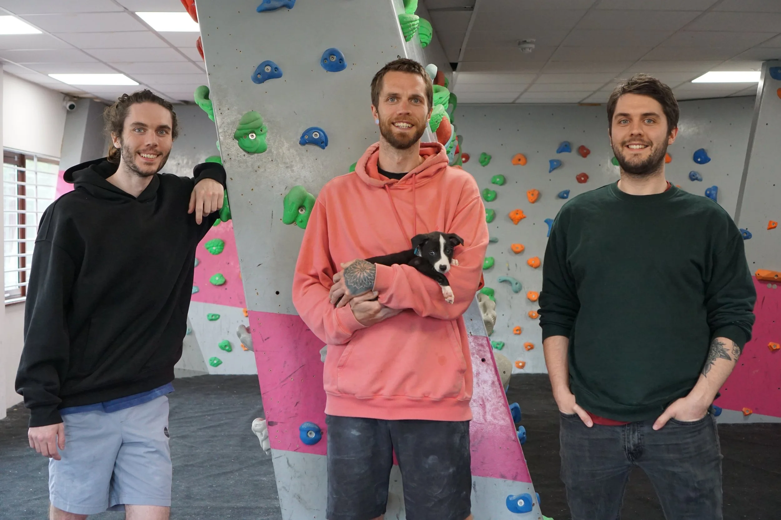 The Hives owners - 3 brothers and a puppy in an indoor rock climbing gym with colourful climbing holds on the walls.
