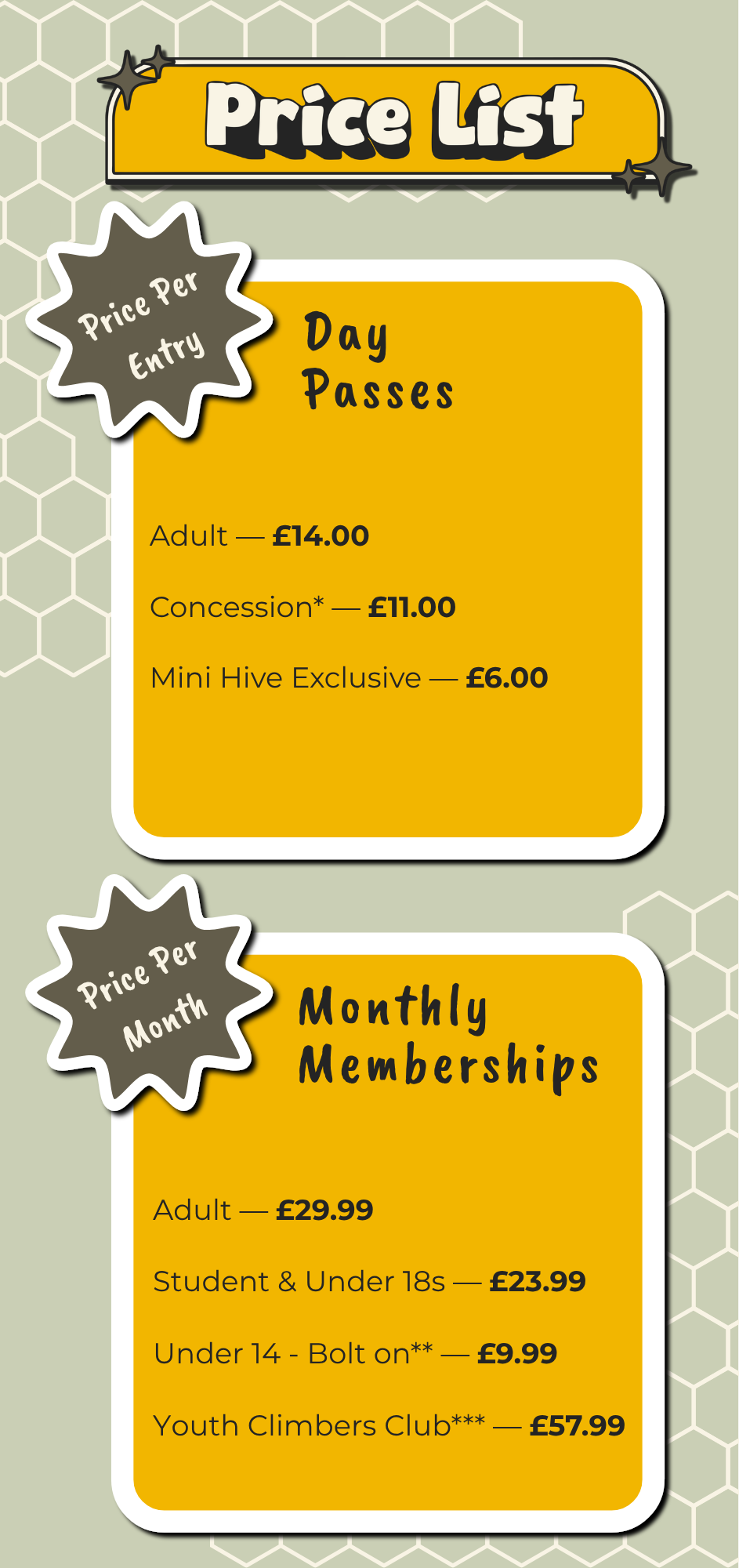 Price list with prices for day passes and monthly memberships displayed on yellow backgrounds, with headings for adult, concession, student, youth, and mini hive exclusive prices.