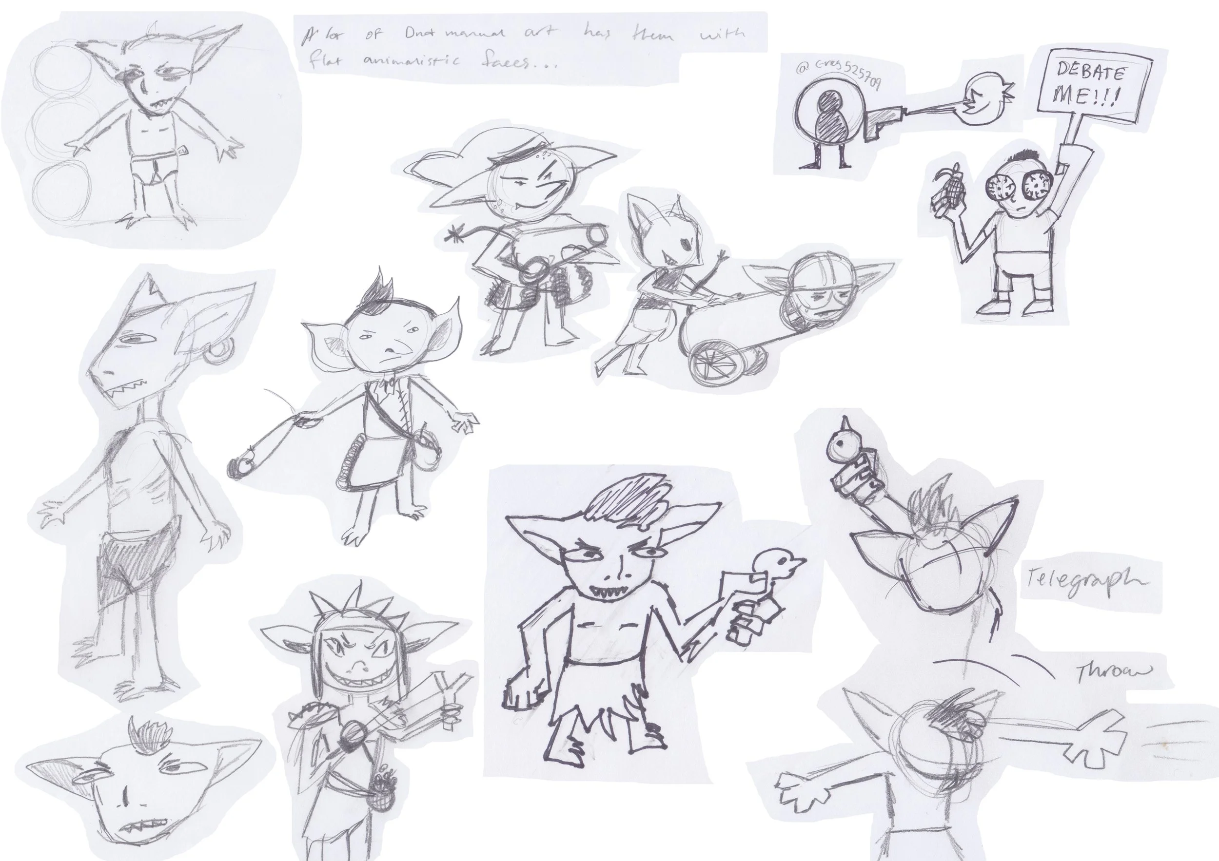 Sketch concepts for a projectile goblin enemy