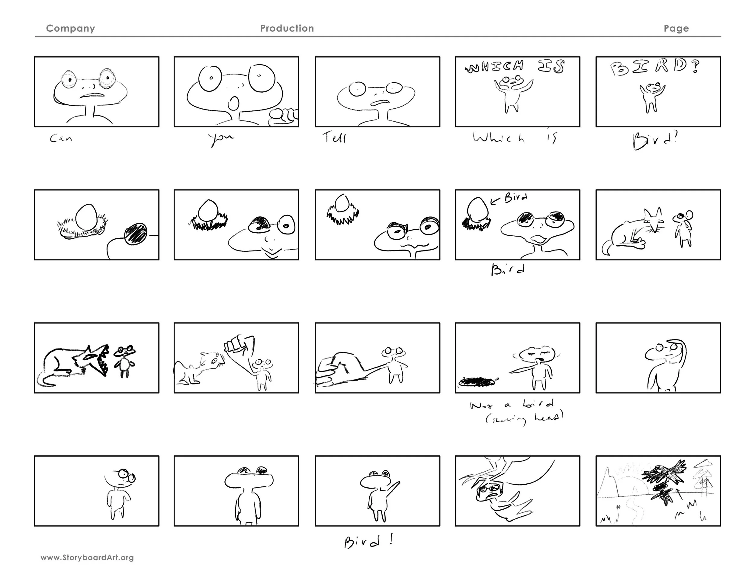 'Which is Bird?' thumbnail storyboard