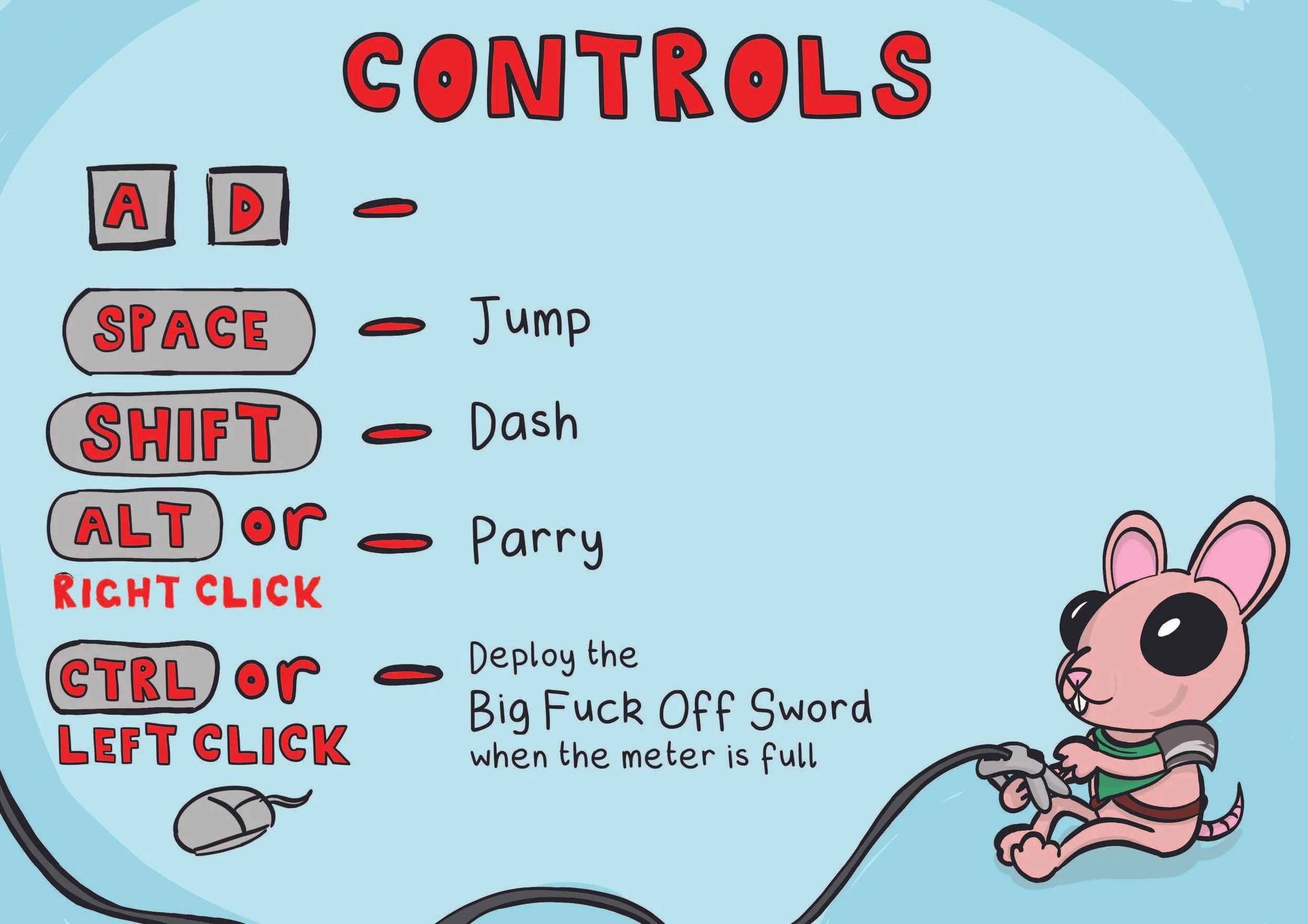 Control mapping screen I illustrated for the game, also used for explaining controls during playtesting (Mouse character design developed by Mimi Trezise)