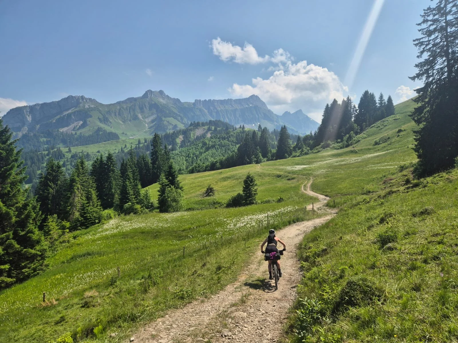 A person biking on a dirt trail through lush green grass with pine trees, mountains in the background, and a partly cloudy sky.