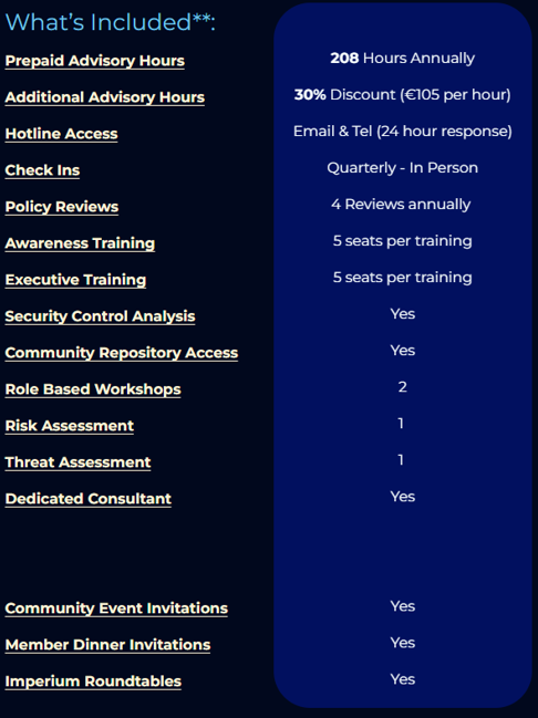 A list of included services and features for a training or consulting program, detailing hours, discounts, contact options, session frequency, reviews, seats, and access to various events and resources.