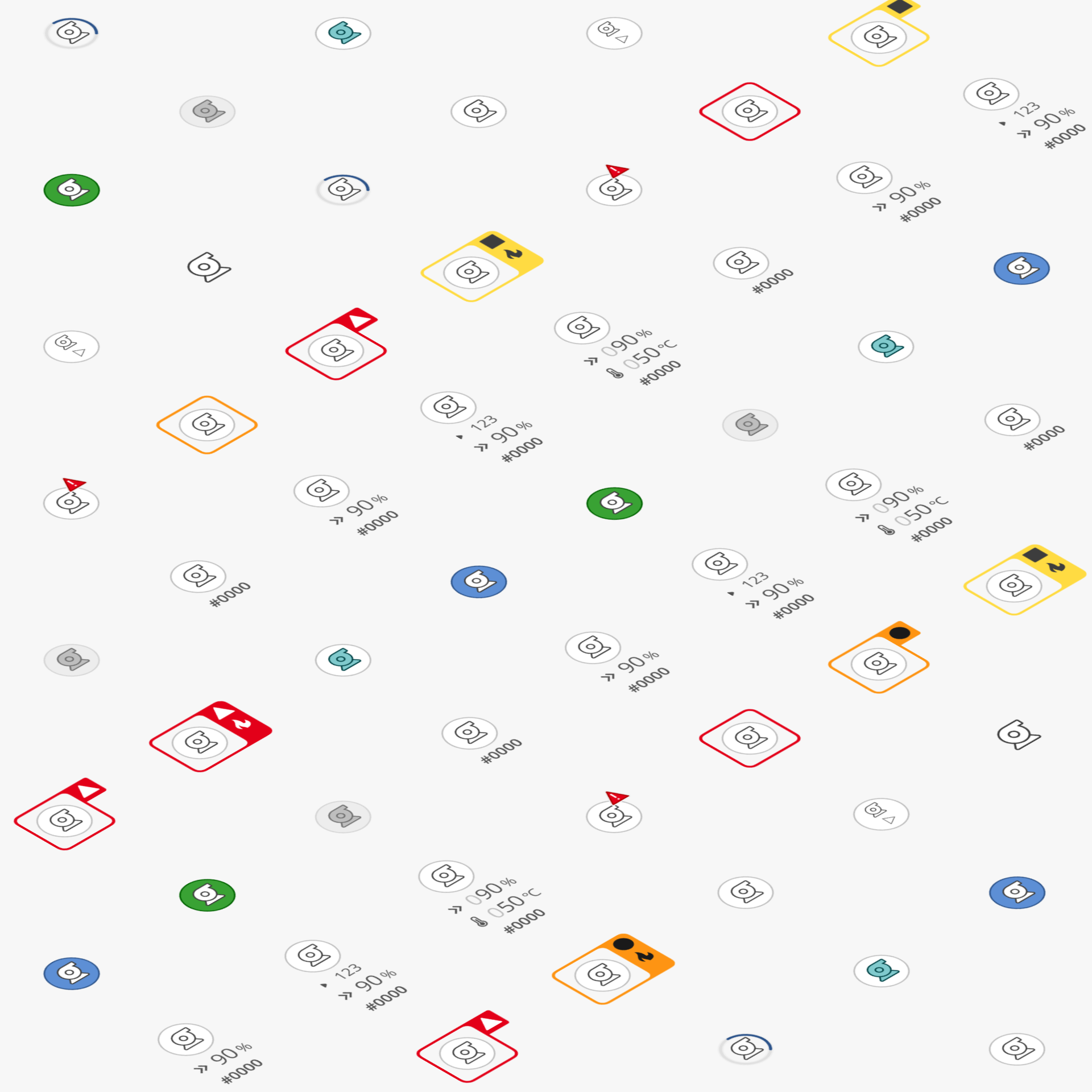 A collection of icons, each featuring a camera symbol with various colored borders and some with additional symbols such as arrows, triangles, or numbers, scattered across a white background.