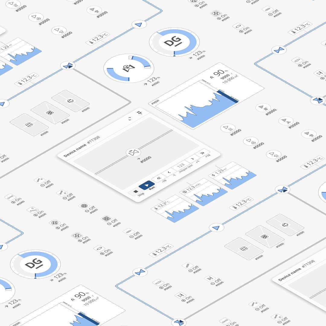 A digital interface with various gauges, graphs, and controls related to temperature and data monitoring, featuring blue and white color schemes.