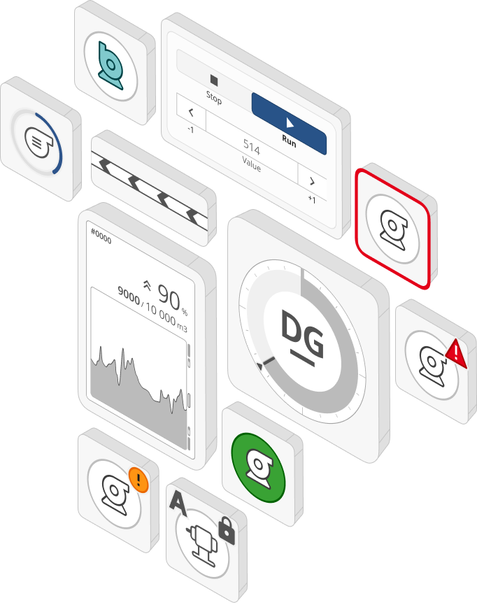 Collection of digital interface icons and displays, including gauges, charts, warning symbols, and user profile icons, representing a high-tech data or control system.