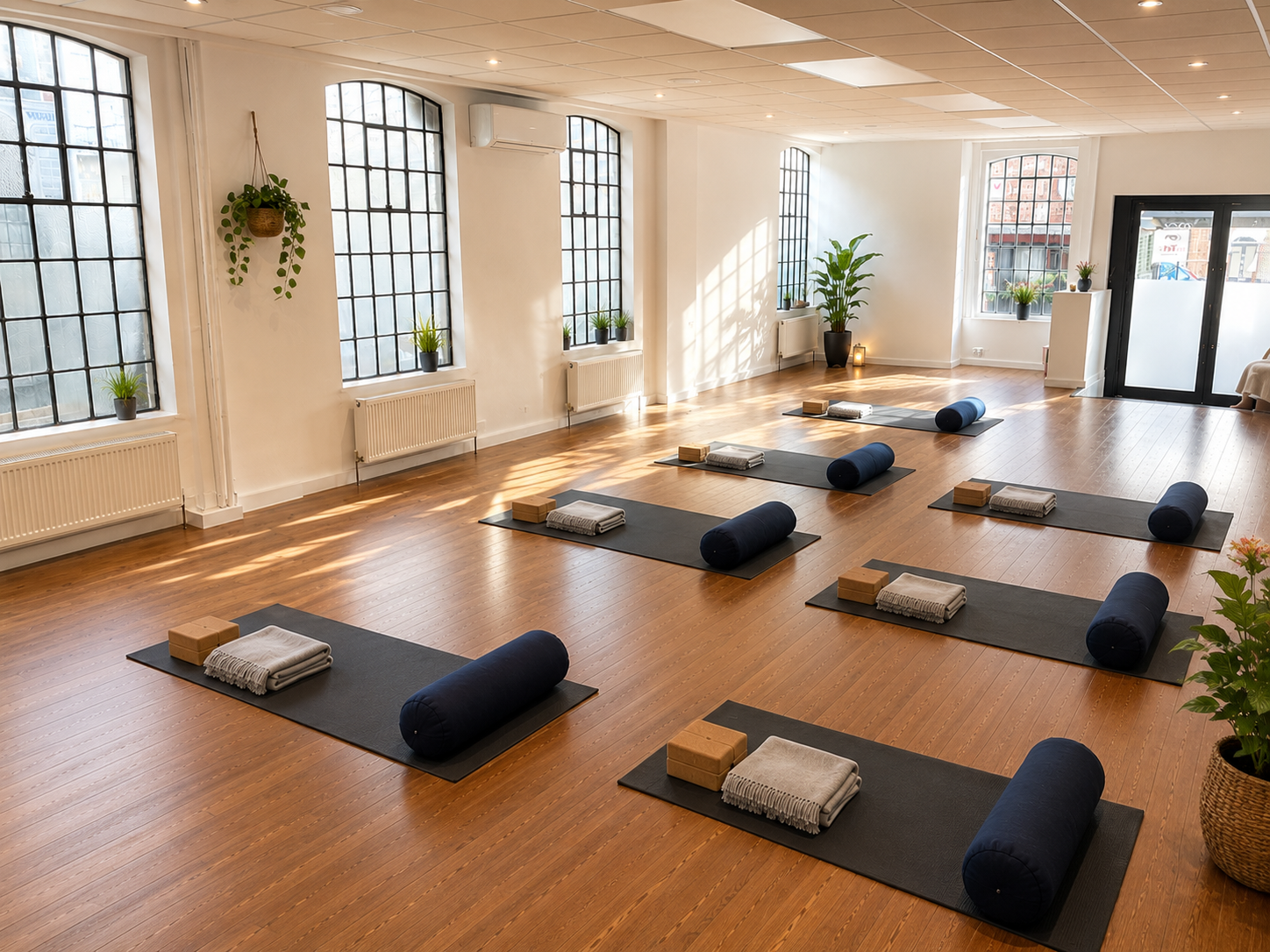 Yoga studio with six mats, towels, blocks, bolsters, and cushions, in a bright room with wooden floors, large windows, and potted plants.