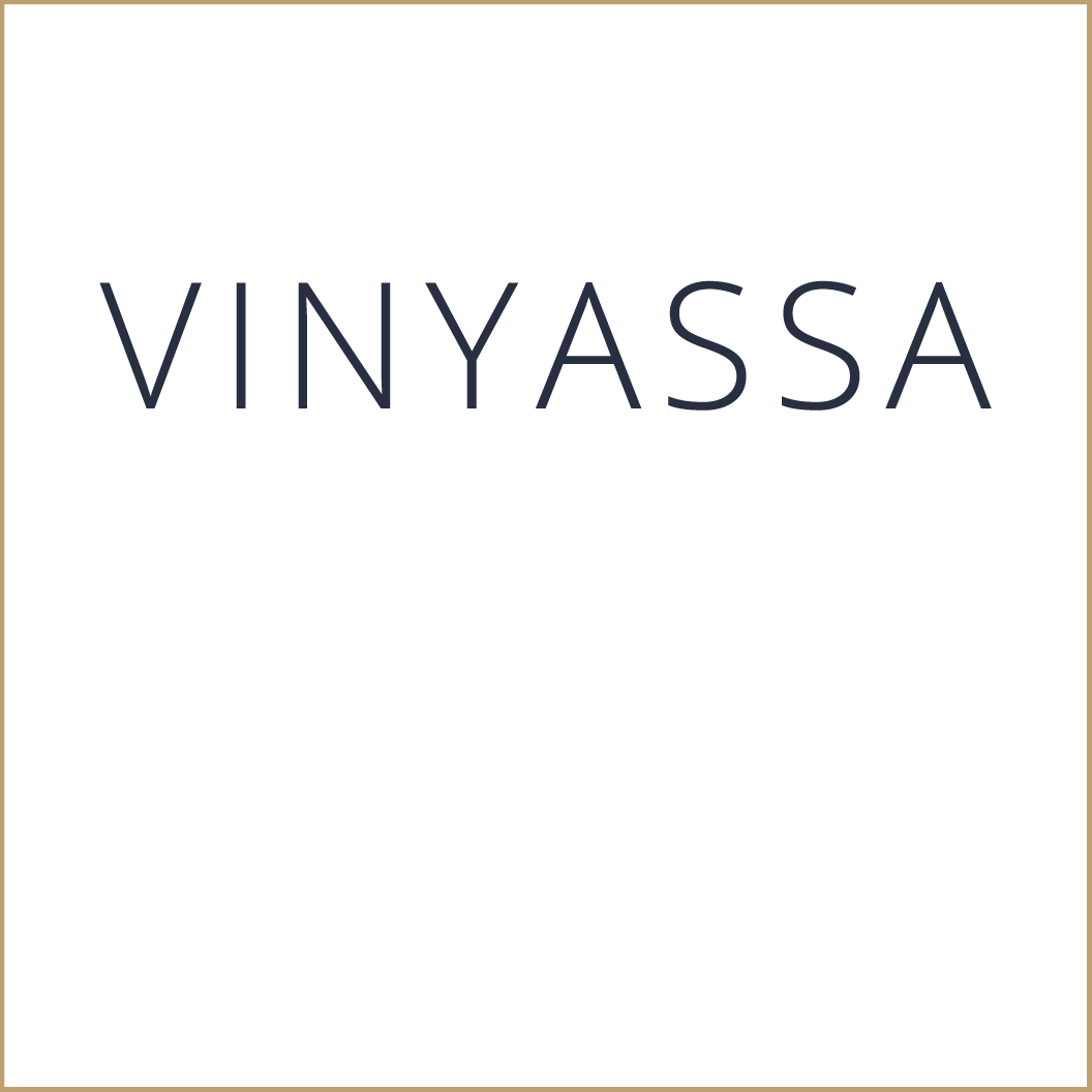 Text reading 'VINYASSA' in large, black font on a white background with a beige border.