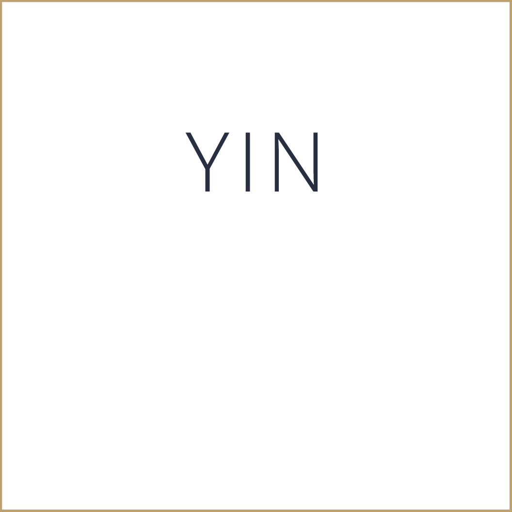 The image features the word 'YIN' centered on a white background with a gold border surrounding it.