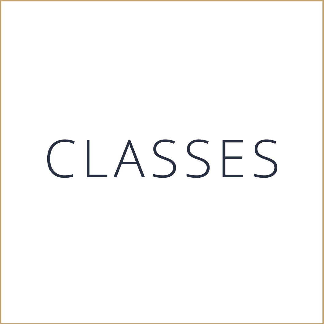 A minimalist design with the word 'CLASSES' in large, dark letters in the center of the image, on a white background with a beige border.