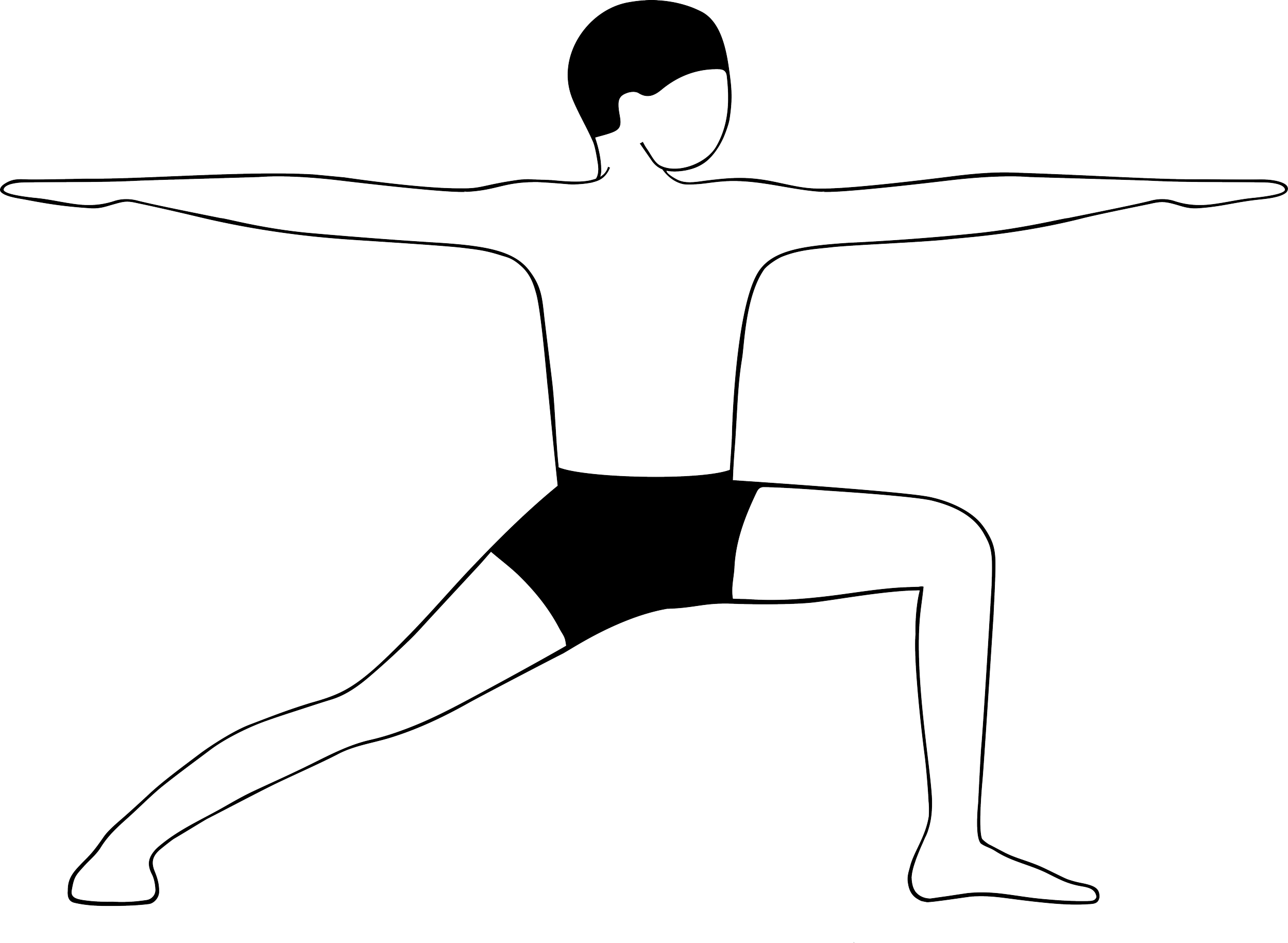 Line drawing of a person in a yoga pose with arms extended and one leg bent.