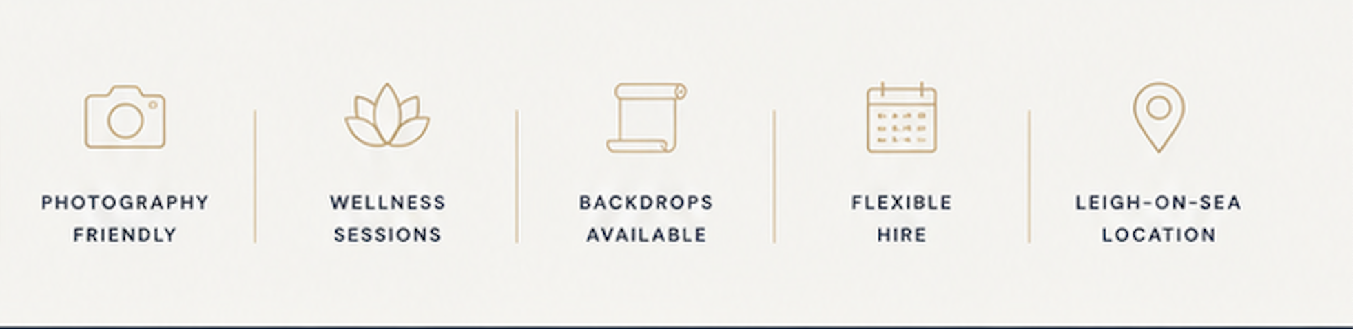 Icons with text indicating photography friendly, wellness sessions, backdrops available, flexible hire, and Leigh-on-Sea location.