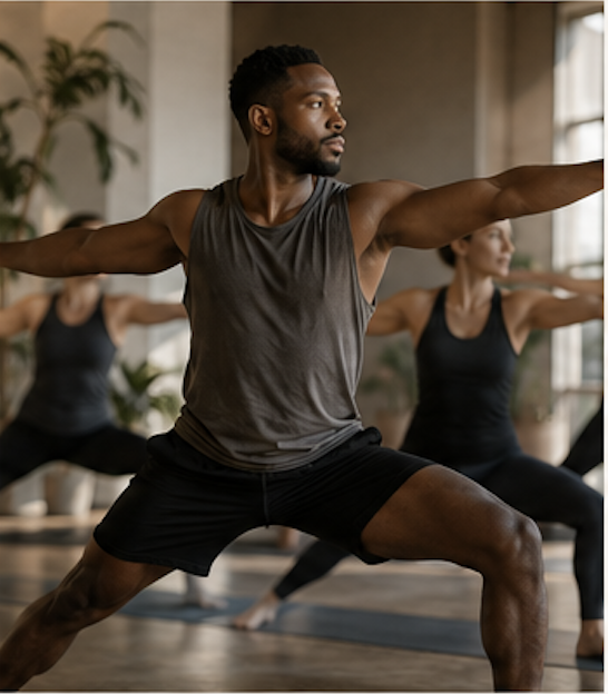 Man practicing yoga or stretching in a fitness class with other participants.