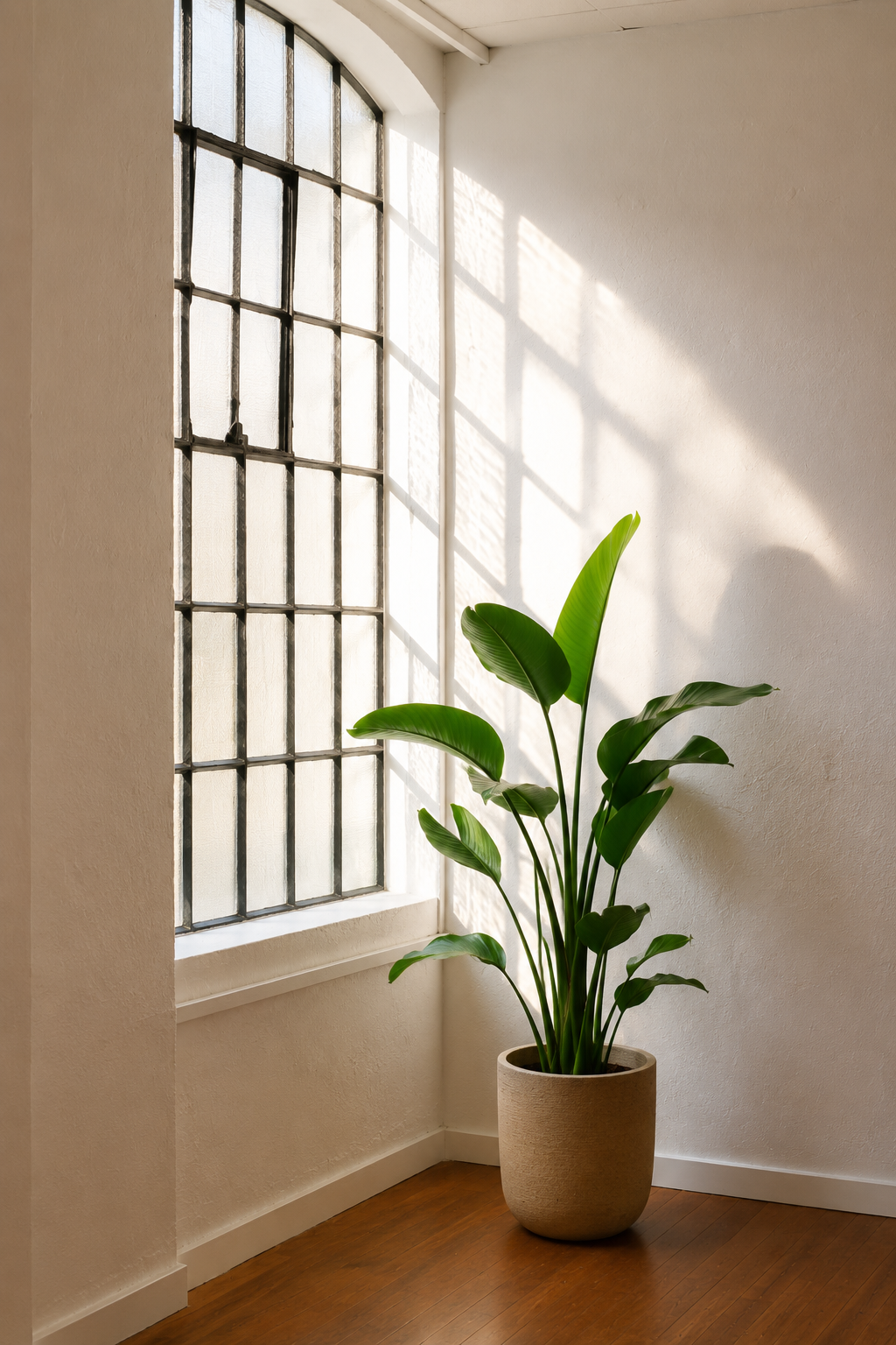 Sunlight streams through a large, grid-style glass window onto a white wall, illuminating a tall green potted plant with broad leaves placed on a wooden floor.