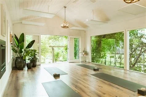 A bright, spacious room with large windows, hardwood floors, potted plants, and yoga mats on the floor.