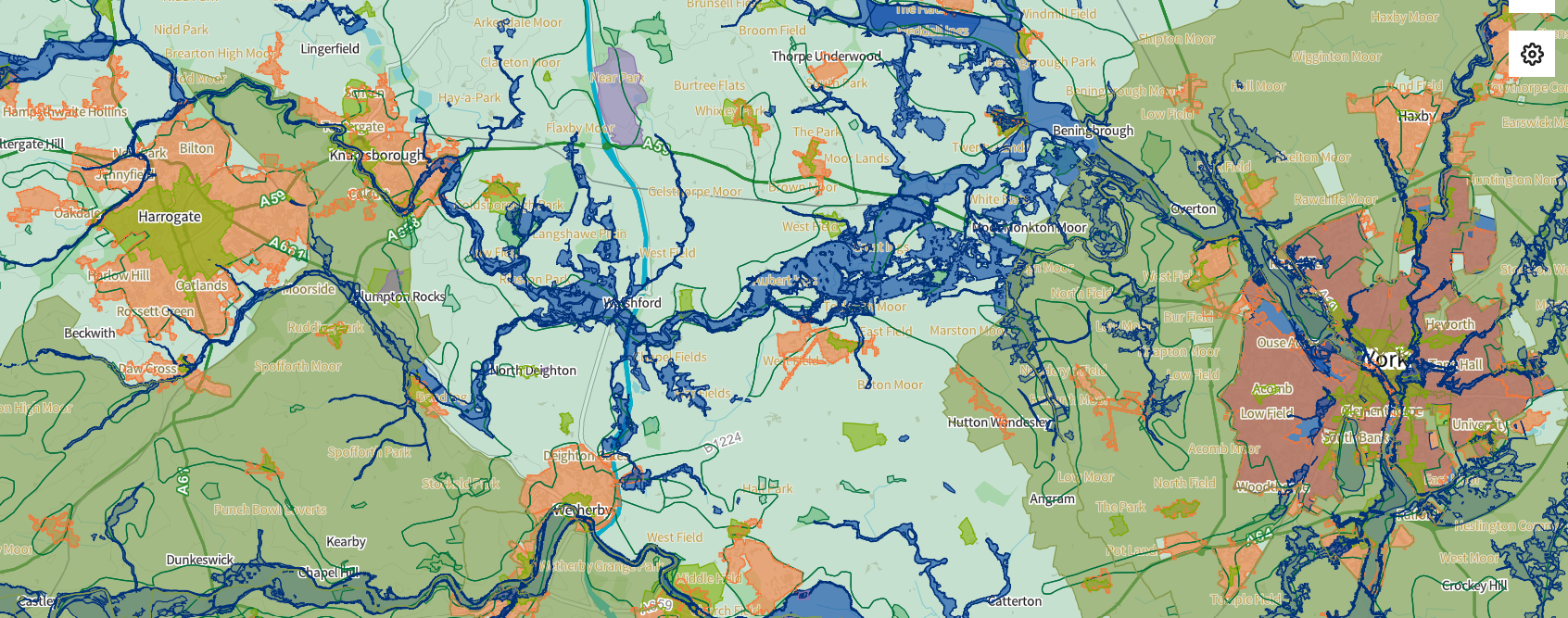Map illustrating rivers, lakes, and towns in the region around Kingston, UK, including North, East, and West Fields, and surrounding areas.