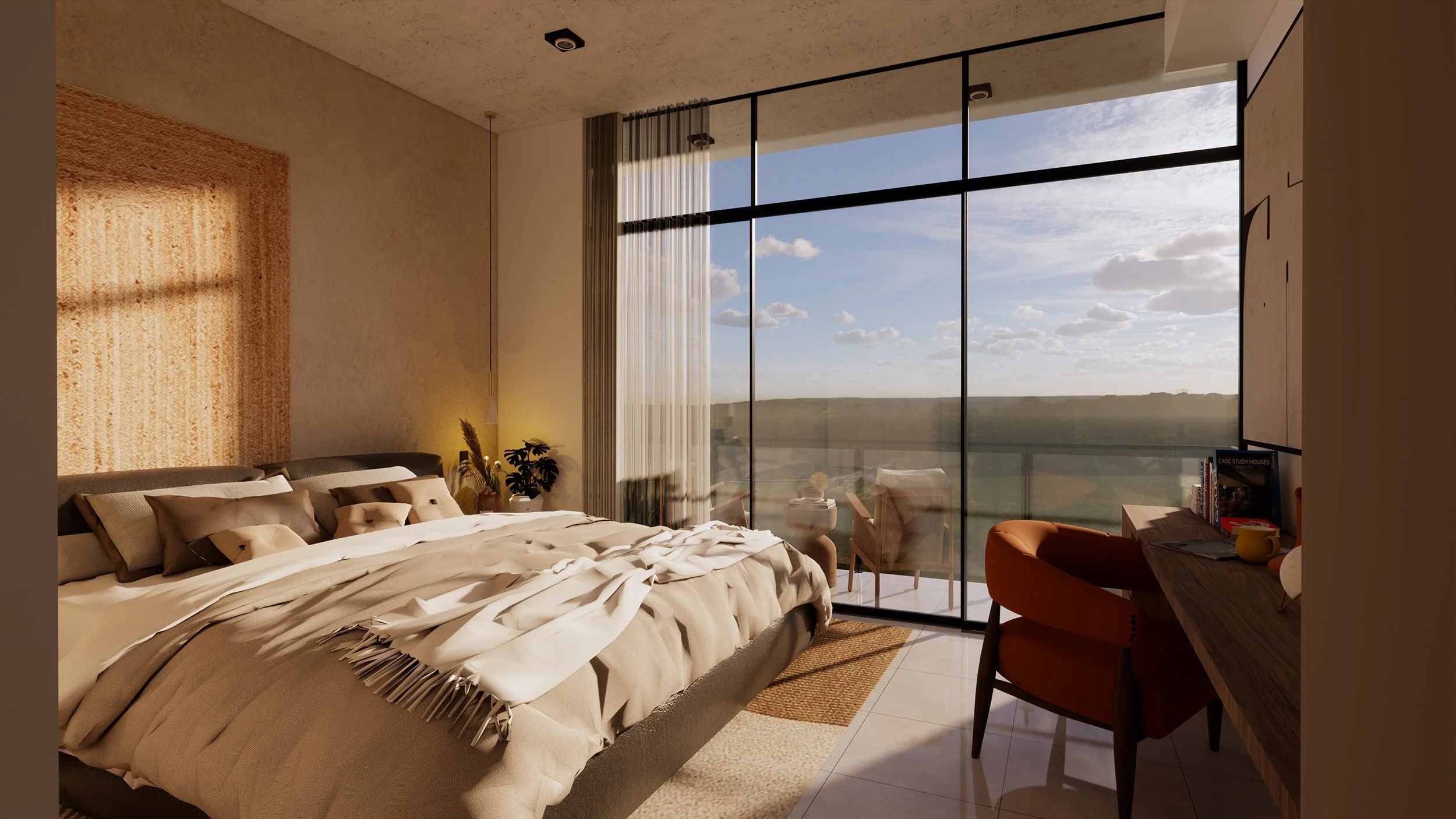 Modern bedroom with large floor-to-ceiling windows showing a scenic landscape; unmade bed with beige bedding; small desk with books and a yellow mug; orange chair; indoor plants; sheer curtains.
