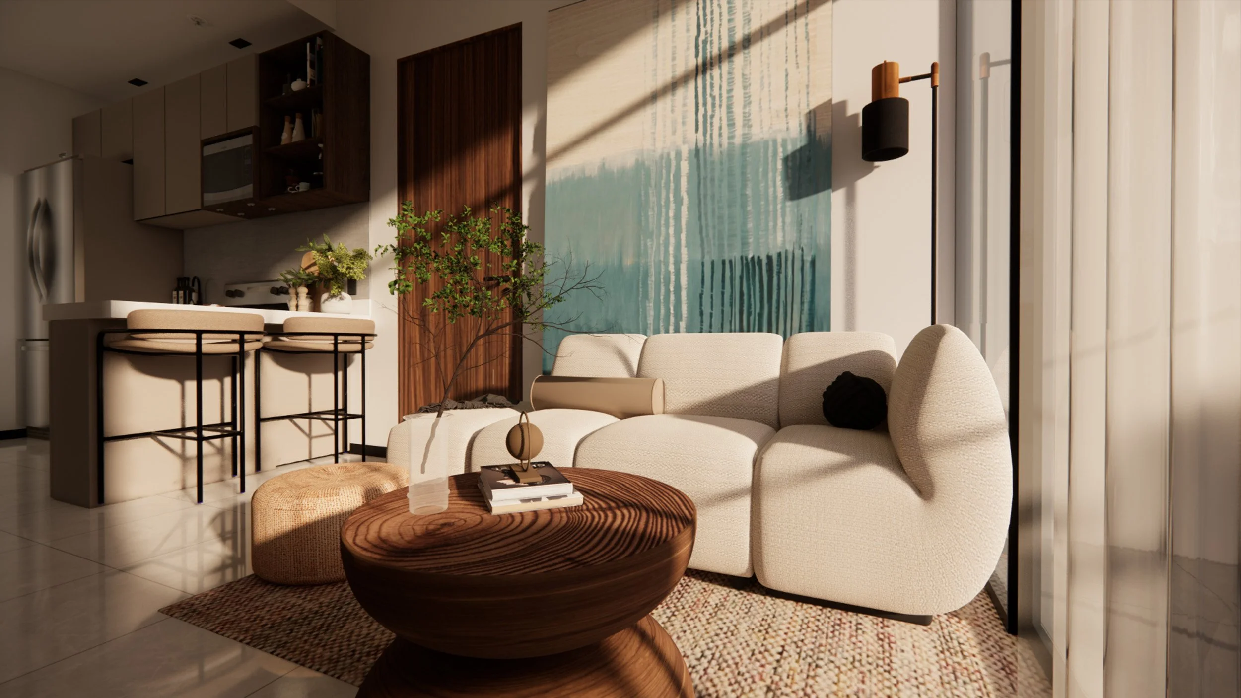 Modern living room with cream sofa, wooden coffee table, large blue and beige abstract wall art, plants, and sunlight streaming through vertical blinds.