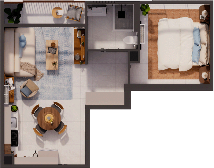 An overhead view of a small apartment showing a kitchen, dining area, living room, bedroom, and bathroom.