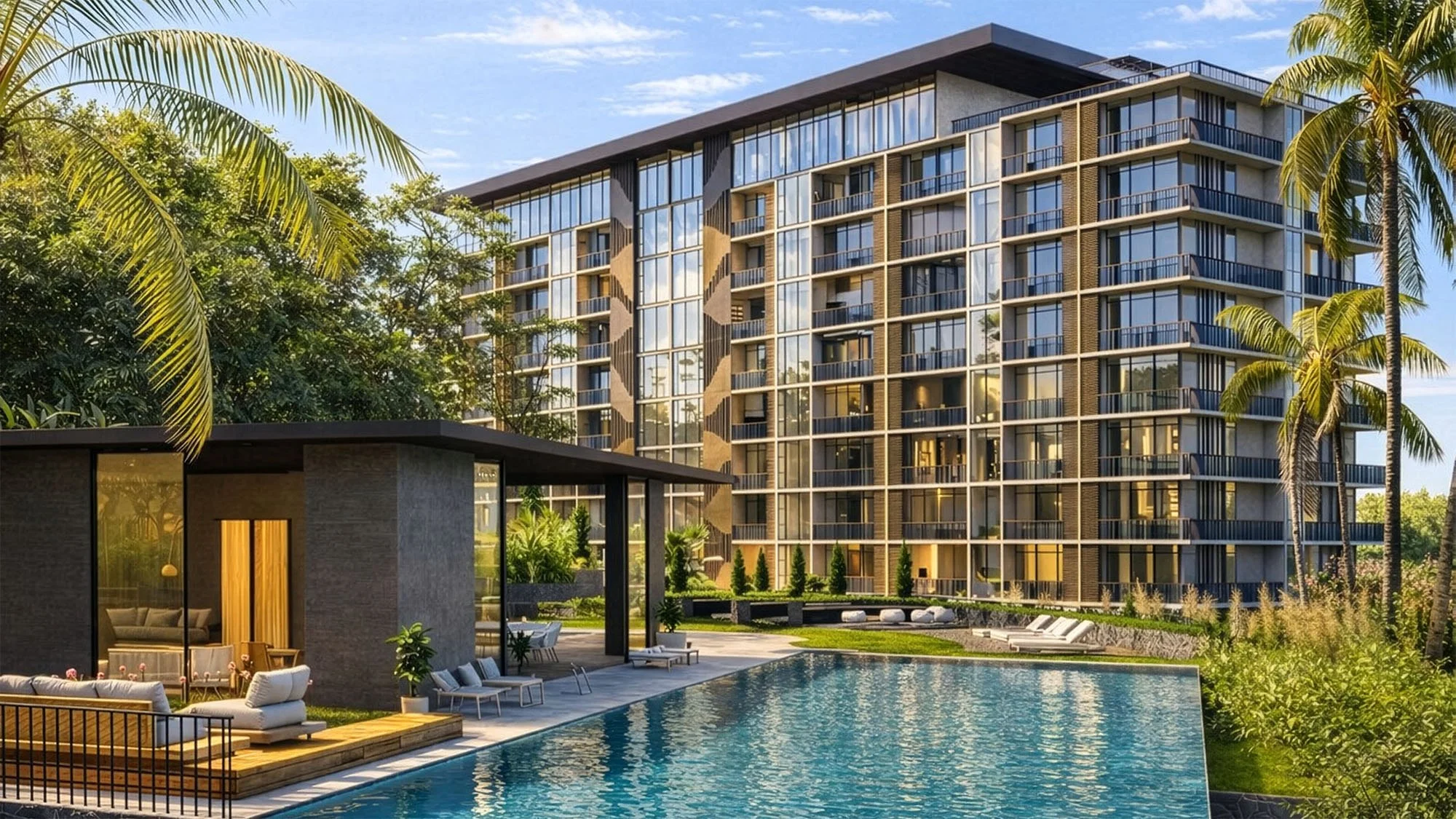 The Palm Haus Roatan - Modern multi-story apartment building with glass balconies, surrounded by palm trees, with a swimming pool and outdoor patio area in the foreground.